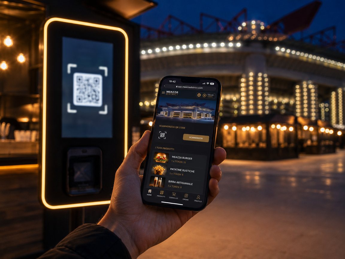 Una mano regge lo smartphone sul piazzale illuminato la sera