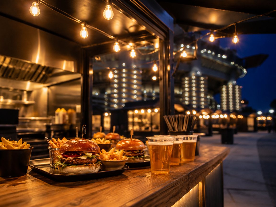 Banco food del piazzale con burger e patatine sotto le luci della sera